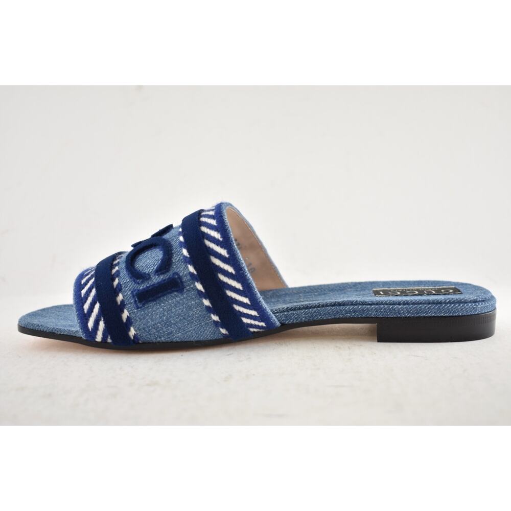 Gucci Jane Light Blue Denim Velvet Logo Mule Flat Slide Slip On Sandal 37 - Picture 13 of 16